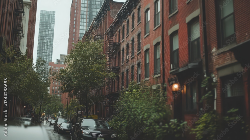 Naklejka premium Rainy City Street with Red Brick Buildings and Lush Greenery