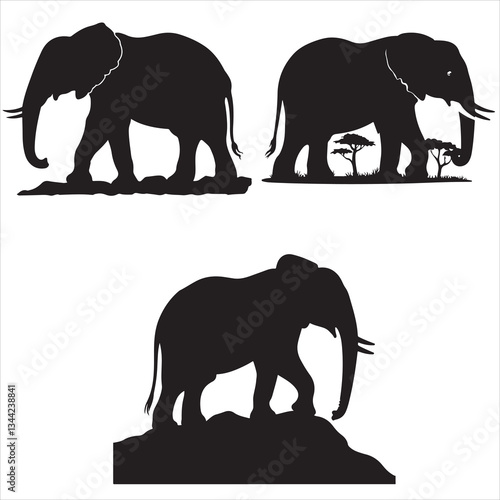 set vector various elephant, elephants and tress, Elephant family silhouette, African landscape scene with elephant, elephant in the forest