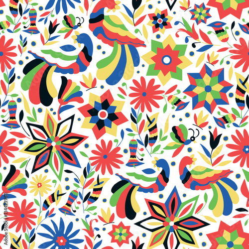 Seamless pattern with birds and floral ornament in the style of Mexican otomi embroidery