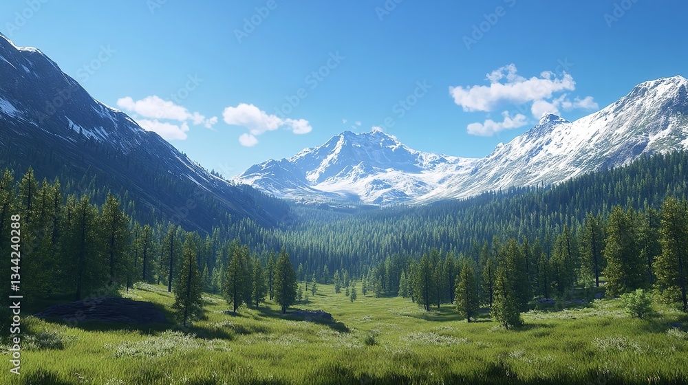 Obraz premium A serene view of towering snow-capped mountains, crisp blue water in the center of a lush valley and dense evergreen forests surrounding.