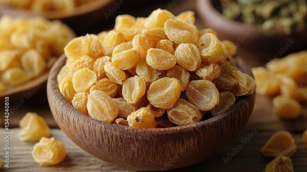 Close-up of dried apricot kernels in a wooden bowl, with spices in the background Close-up of dried apricot kernels in a wooden bowl, with spices in the background