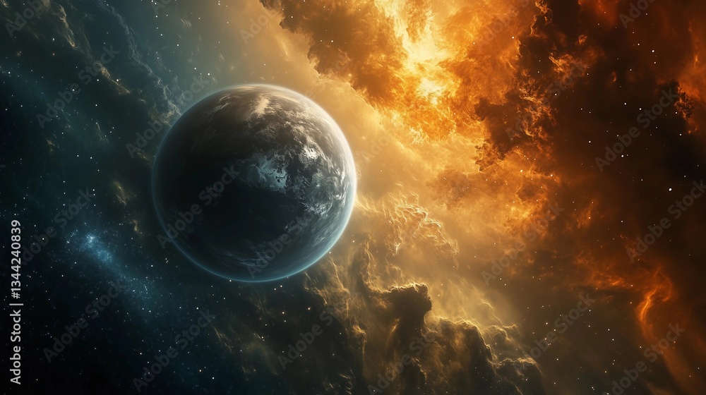 Obraz premium A planet is surrounded by a cloud of orange and blue. The planet is the main focus of the image, and the clouds are in the background. The colors of the clouds create a sense of depth and contrast