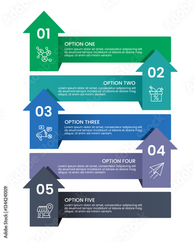 5 Steps or Options infographic arrow design. Presentation, Data, Report and Plan. Vector illustration.