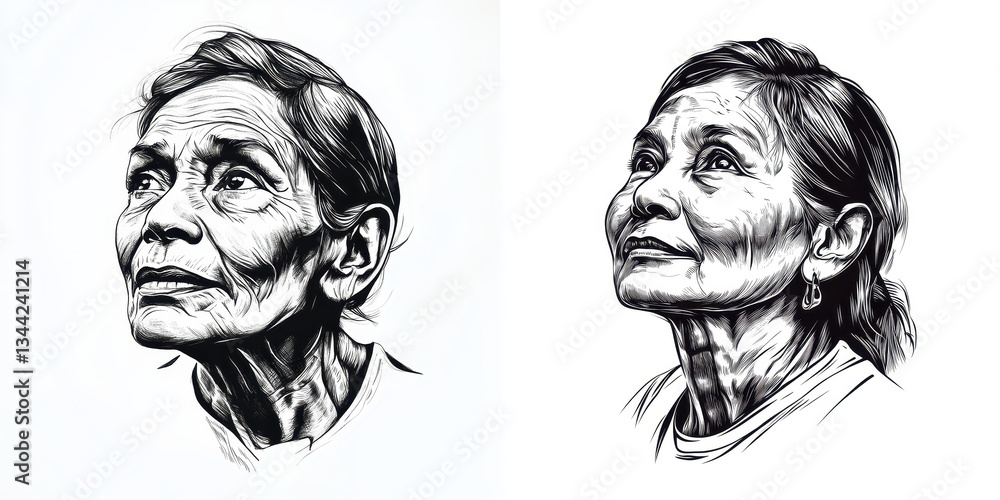 detailed portrait of elderly woman, showcasing expressive features and deep lines that tell story of wisdom and experience. artwork captures her