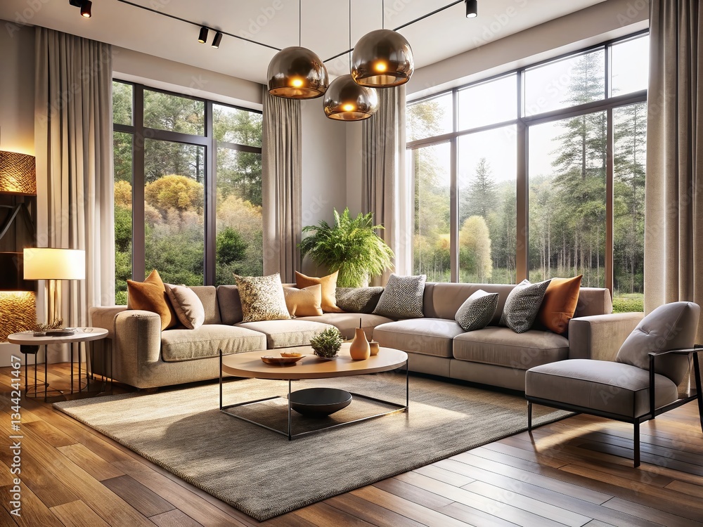 Fototapeta premium Modern Living Room Interior Design: Cozy & Stylish Space with High Depth of Field