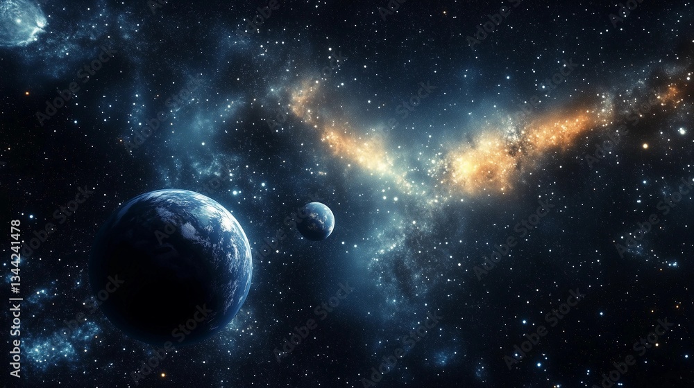 A space scene with a planet and two other planets in the background. The planets are in different positions and sizes, and the background is filled with stars. The scene is peaceful and serene A space scene with a planet and two other planets in the background. The planets are in different positions and sizes, and the background is filled with stars. The scene is peaceful and serene