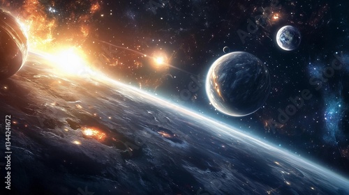 A space scene with a sun and four planets. The sun is in the foreground and the planets are in the background