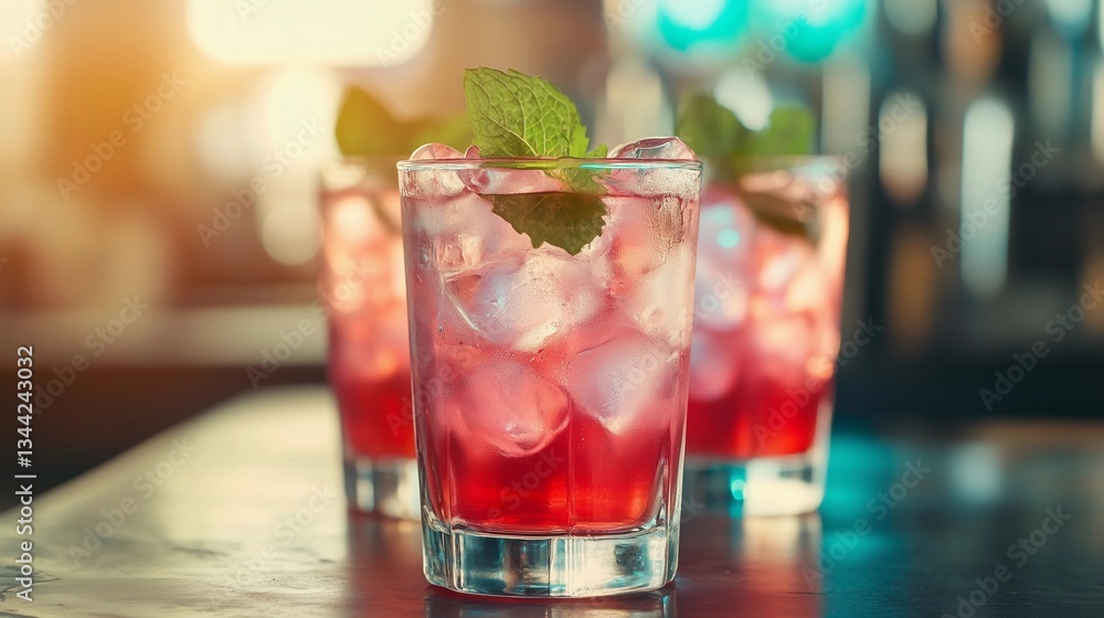 Three glasses of pink drink with ice cubes and a sprig of mint. The drink is served on a table Three glasses of pink drink with ice cubes and a sprig of mint. The drink is served on a table