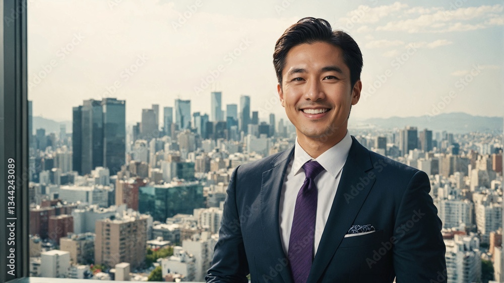 Happy Smiling Japanese Middle‑Aged Male Executive in Dark Blue Suit with Cityscape Background: Professional Corporate Portrait for Business Leadership and Strategic Success Happy Smiling Japanese Middle‑Aged Male Executive in Dark Blue Suit with Cityscape Background: Professional Corporate Portrait for Business Leadership and Strategic Success