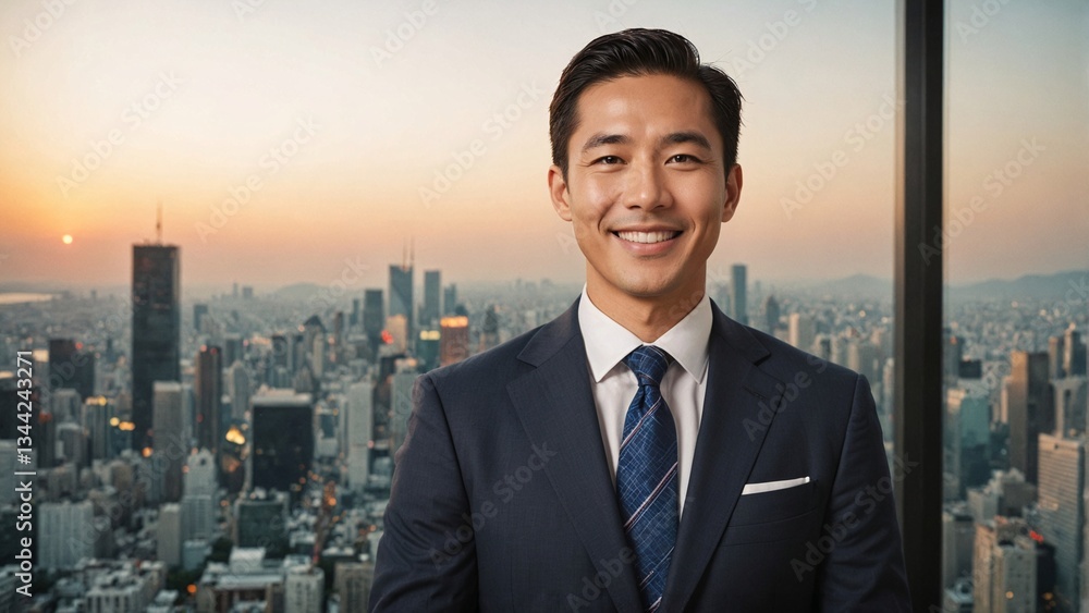 Happy Smiling Japanese Middle‑Aged Man in Contemporary Office Setting: Inspirational Editorial Portrait Capturing Urban Energy, Candid Leadership, and a Vibrant Cityscape Happy Smiling Japanese Middle‑Aged Man in Contemporary Office Setting: Inspirational Editorial Portrait Capturing Urban Energy, Candid Leadership, and a Vibrant Cityscape