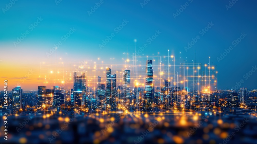 Fototapeta premium A breathtaking twilight cityscape showcasing digital connectivity through a luminous network of interlinked lines and nodes symbolizing technology's rise