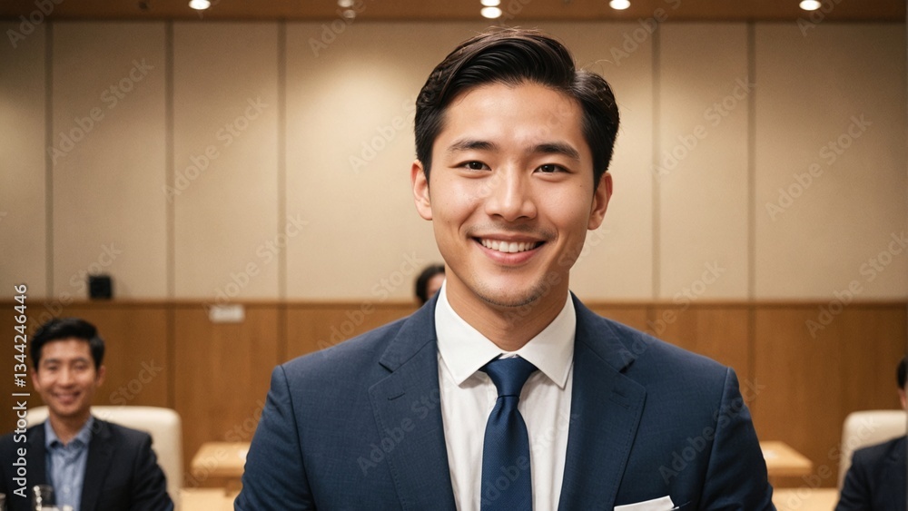 Fototapeta premium Happy Smiling Japanese Male Keynote Speaker in Blue Suit with Microphone at Formal Corporate Event: Inspiring Professional Presentation and Leadership in a Modern Business Conference