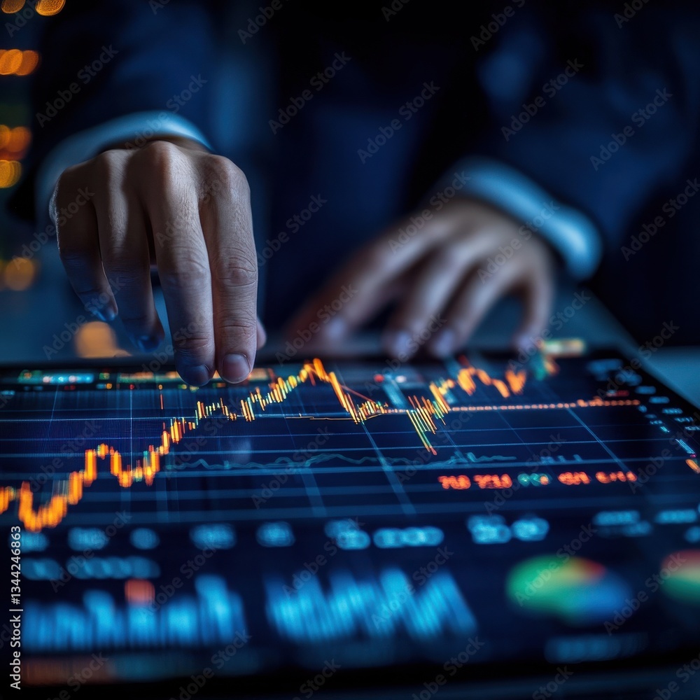 Fototapeta premium Businessperson Analyzing Stock Market Data on a Tablet at Night