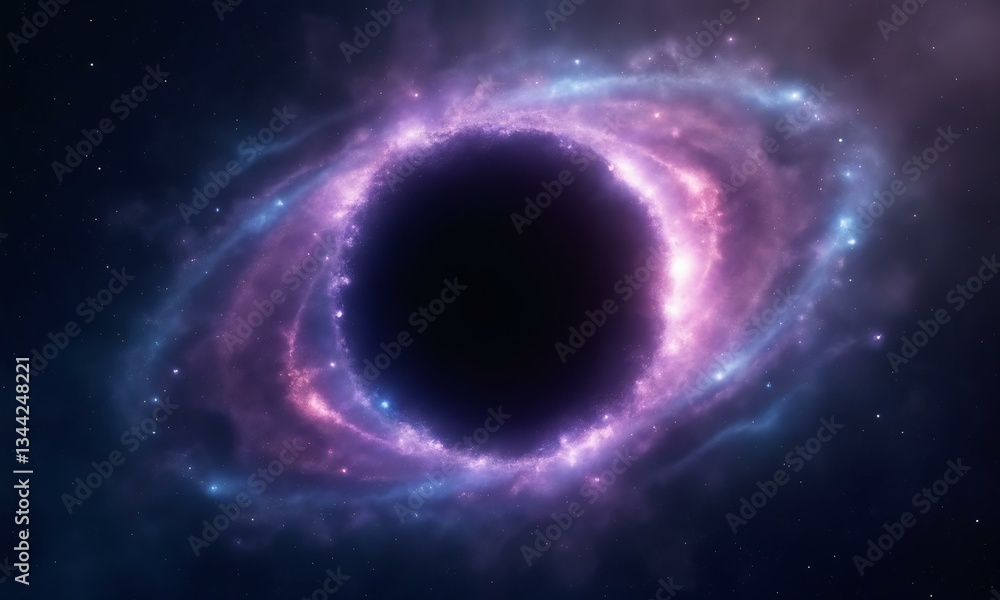 Obraz premium A mystical black hole ring with soft purple and blue glowing edges, surrounded by scattered cosmic particles and waves.