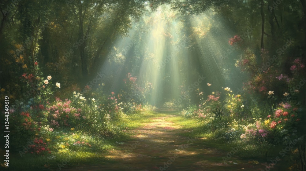 Obraz premium Sunlit path through a flowery forest. Lush greenery, vibrant flowers, and sunlight beams through the trees create a serene and magical atmosphere