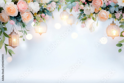 Beautiful floral arrangement with soft pastel roses and white flowers, adorned with glowing lanterns, creating romantic and serene atmosphere perfect for events or photography