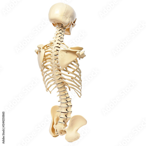 Human skeleton model on white background used for postural correction and educational purposes in health and therapy