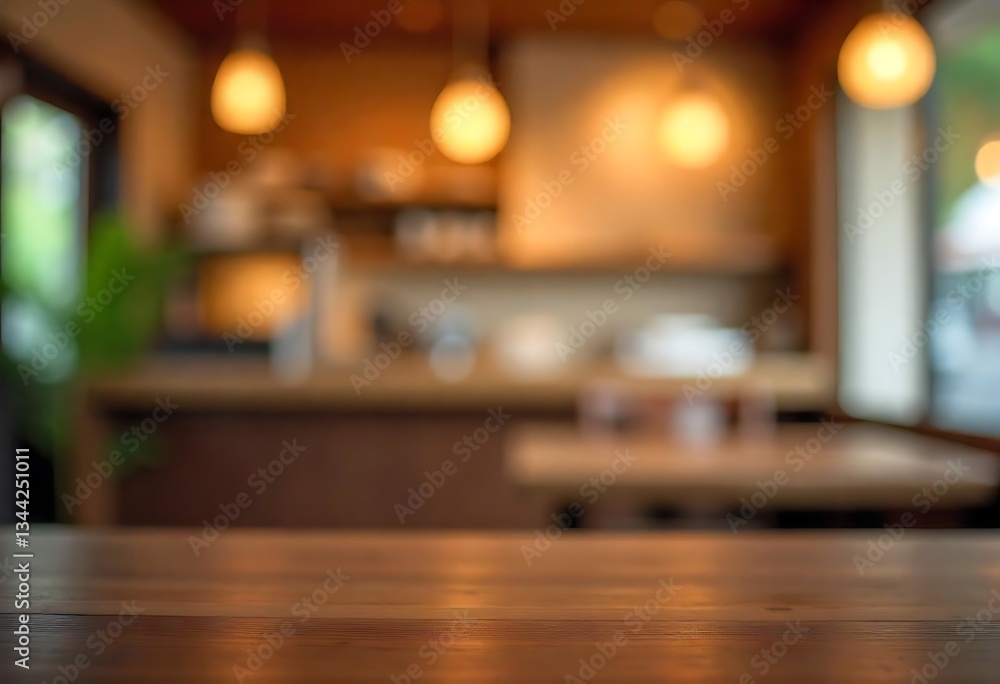 Generative AI creates a warm and inviting ambiance of a modern cafe interior with wooden table and blurred background Generative AI creates a warm and inviting ambiance of a modern cafe interior with wooden table and blurred background