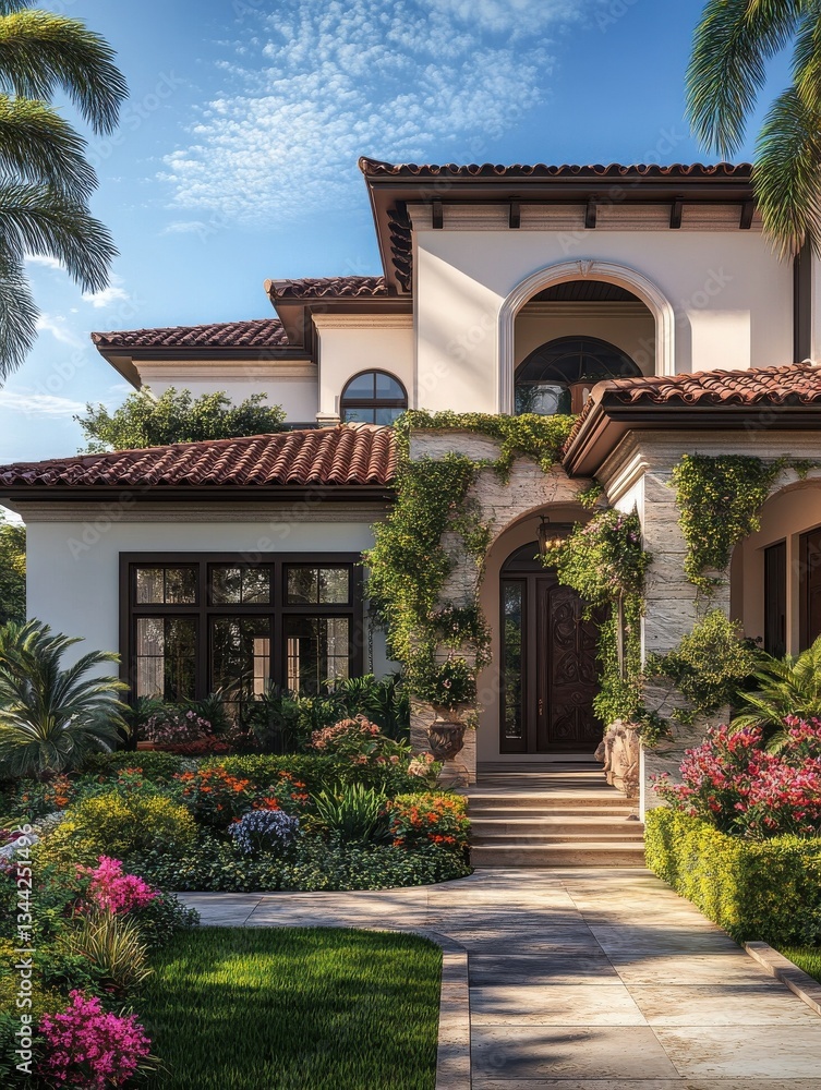Fototapeta premium Beautiful Florida home with lush landscaping and bright flowers under a sunny sky during midday