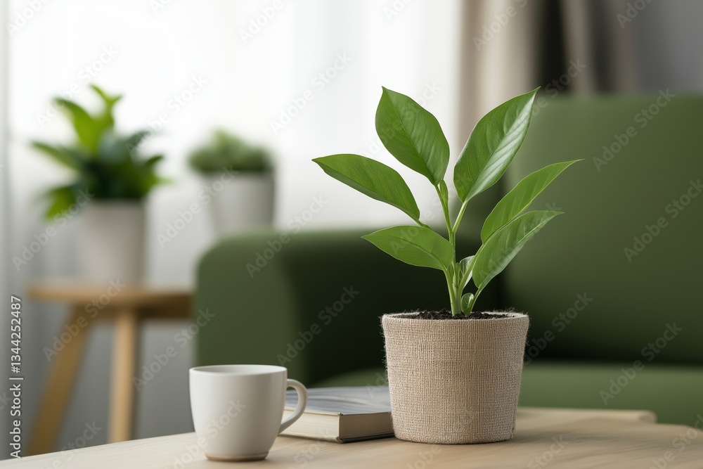 Indoor plant on coffee table with mug and book, cozy living room setting Indoor plant on coffee table with mug and book, cozy living room setting