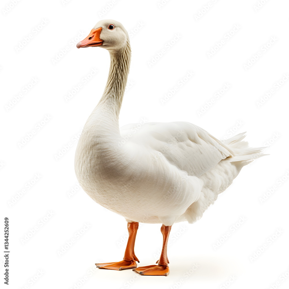 A majestic grey goose standing in side view, full body isolated on a white background. Soft grey and brown feathers, an orange beak and legs, with a calm yet attentive expression, highly detailed and A majestic grey goose standing in side view, full body isolated on a white background. Soft grey and brown feathers, an orange beak and legs, with a calm yet attentive expression, highly detailed and