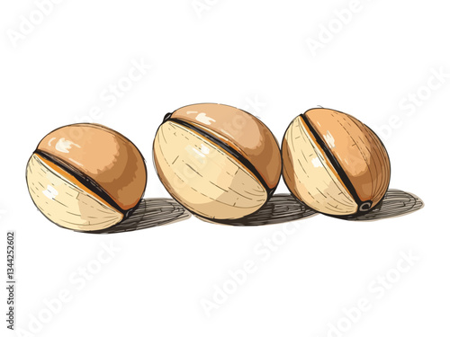 Close-up of three almonds on transparent background highlighting natural texture