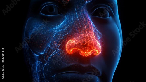 3d medical illustration, human nose with glowing sinuses highlighting nasal diseases and respiratory health. dark Blue background