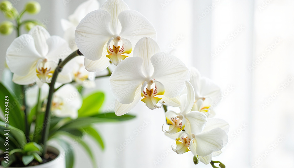 Obraz premium White orchids in a bright interior against a soft background