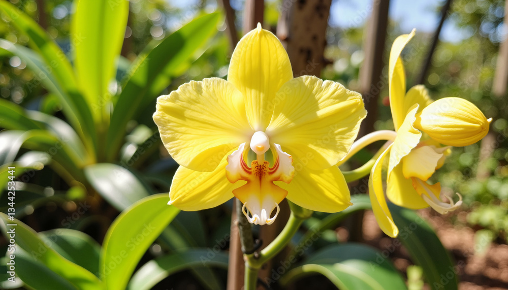 Fototapeta premium Yellow orchid flowers blooming in a lush garden
