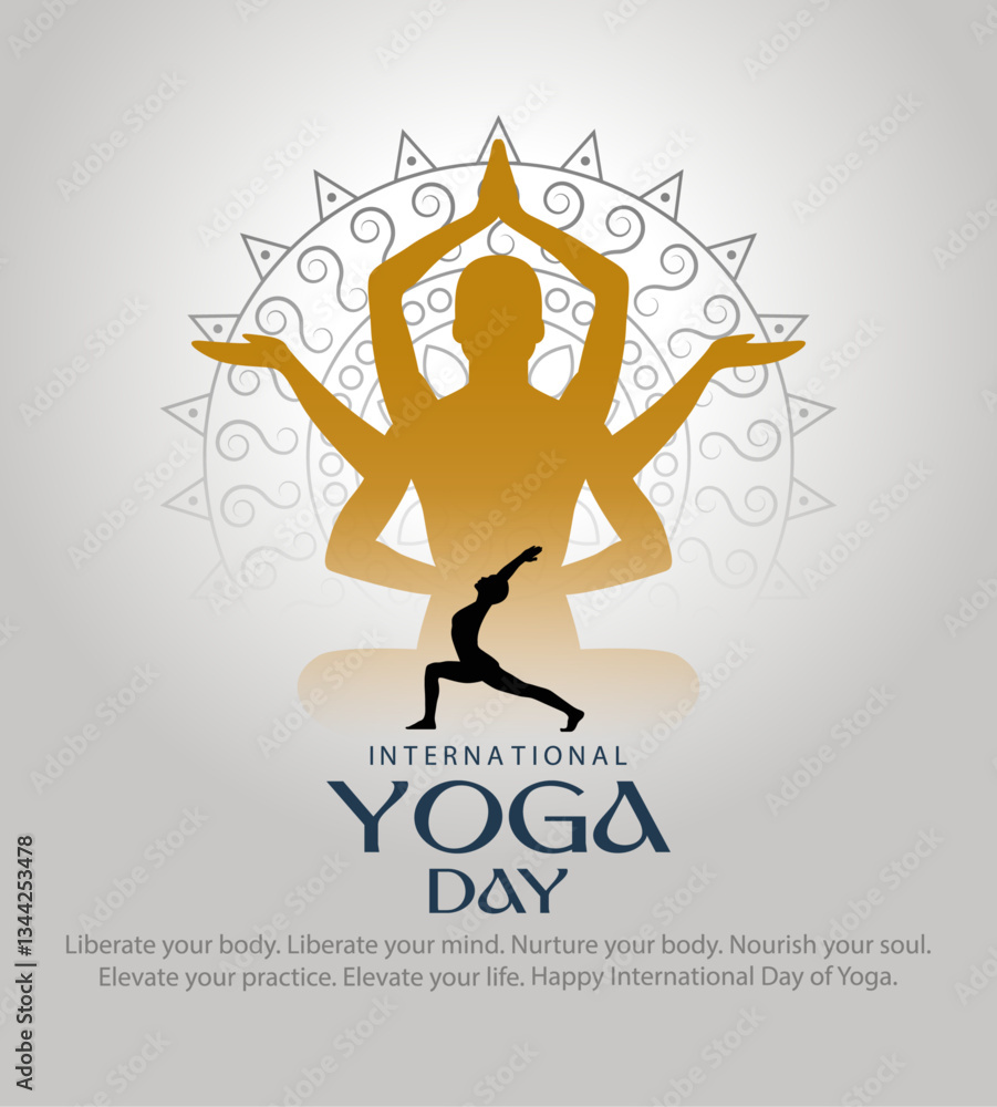 Naklejka premium Inernational yoga day poster design with mandala pattern and human siluette standing on yoga pose