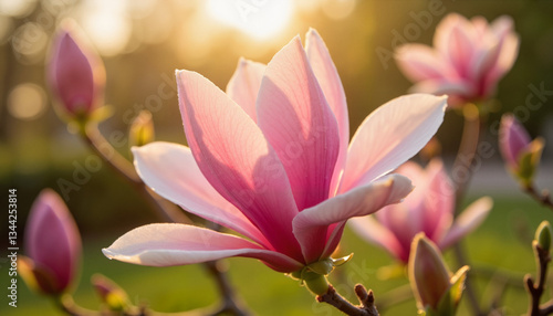 Pink magnolia flower blooming in sunlight