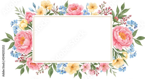 Floral Watercolor Frame with Pink Peony and Forget-me-nots Decoration