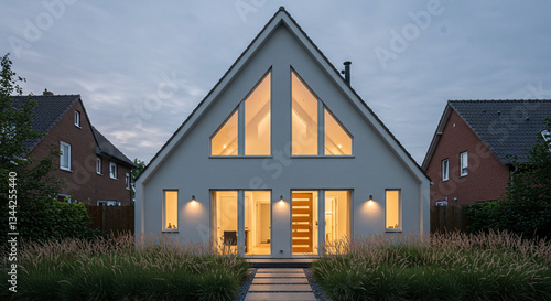 Minimalist Modern House Exterior At Dusk With Illuminated Windows And Garden In Front
