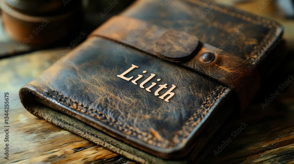 A leather bound book with the name Lilith embossed on the cover A leather bound book with the name Lilith embossed on the cover