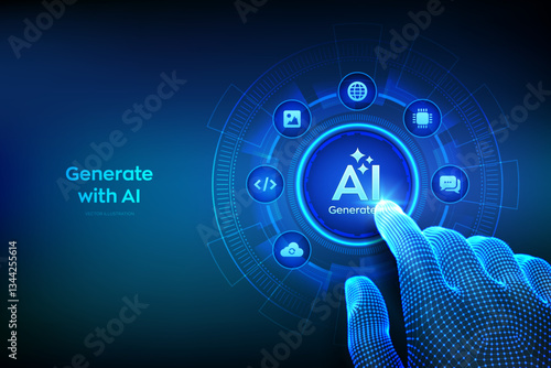 Generate with AI button. Artificial intelligence and Machine learning technology concept. AI enters by command prompt to generate ideas. Closeup finger about to press a Generate AI button. Vector.