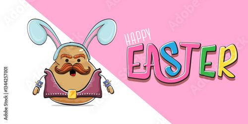 Vector rock star easter potato funny cartoon character with blue easter bunny ears isolated on pink horizontal banner background. rock n roll easter party poster or happy easter greeting card