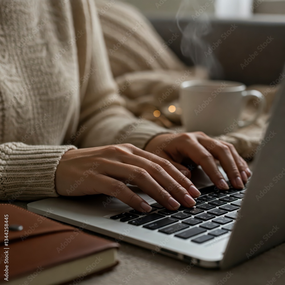 Close-up of hands typing on a laptop with a steaming coffee cup beside it, bathed in warm sunlight. Focus on productivity and modern work from home Close-up of hands typing on a laptop with a steaming coffee cup beside it, bathed in warm sunlight. Focus on productivity and modern work from home