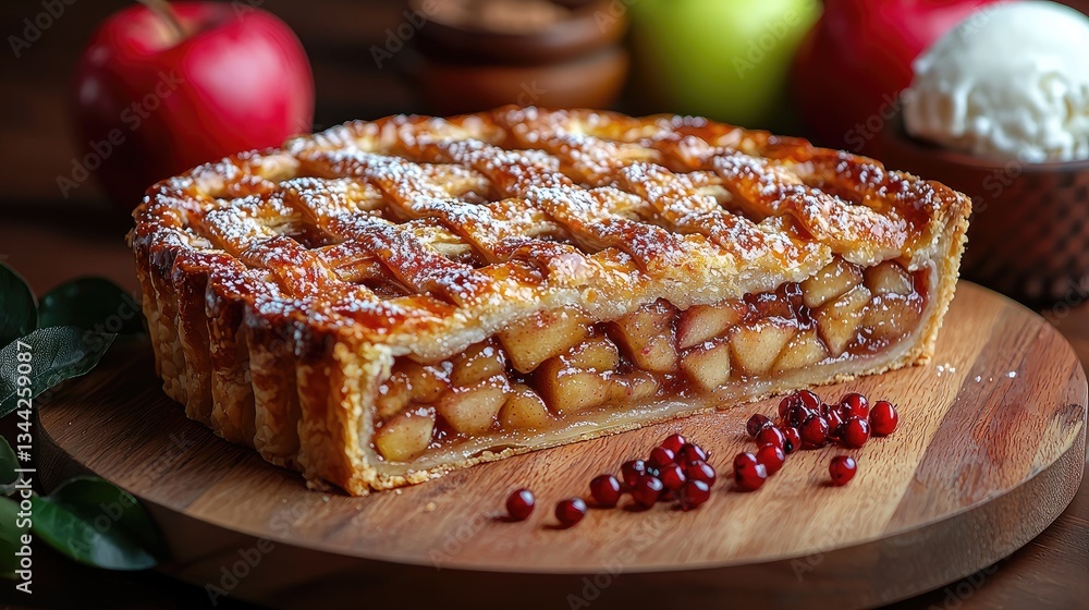 Delicious apple pie with a golden crust served on a wooden board Delicious apple pie with a golden crust served on a wooden board