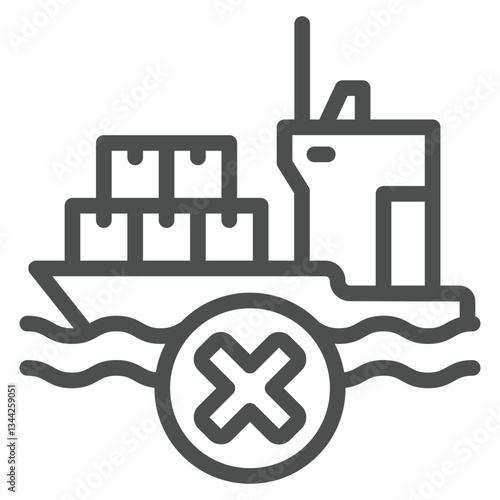 Cargo delivery vessel forbidden line icon, global sanctions concept. Vector graphics. Shipping product prohibited sign on white background, outline style icon for mobile or web design.