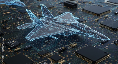 Advanced Fighter Jet Circuit Design - Futuristic fighter jet design displayed as a blueprint on a circuit board, highlighting advanced technology and integration