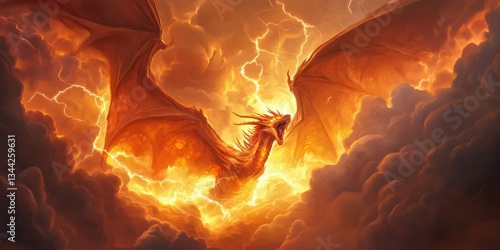 A fantasy-style dragon flying through a thunderstorm, lightning bolts flashing off its wings, epic and magical