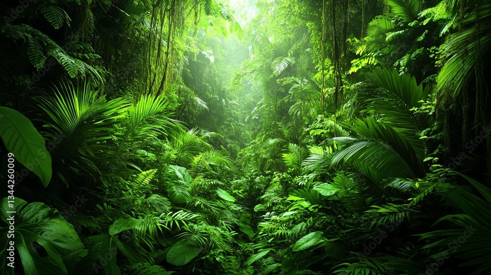 Fototapeta premium Lush green jungle path with sunlight streaming through dense foliage.