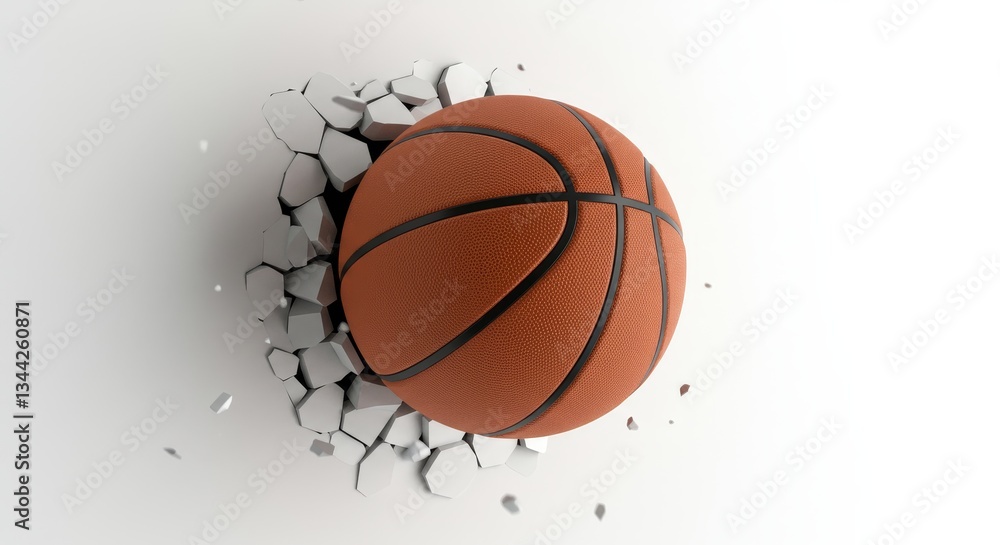 Basketball Breaking Through Wall - A basketball bursts through a white wall, signifying strength and overcoming obstacles. High-resolution ideal for sports themes Basketball Breaking Through Wall - A basketball bursts through a white wall, signifying strength and overcoming obstacles. High-resolution ideal for sports themes