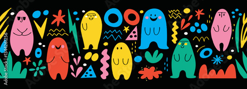 Whimsical Characters: A vibrant illustration presents a cheerful ensemble of colorful characters, creating a joyful atmosphere. Their playful poses and diverse expressions invites imagination