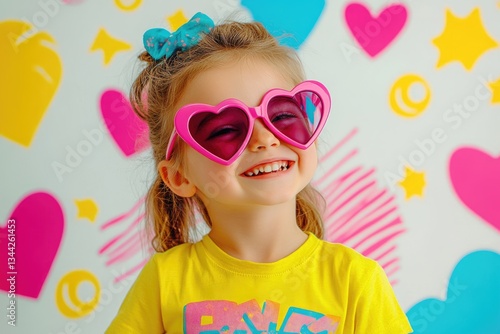 A cheerful little girl with heart-shaped sunglasses smiles against a vibrant, colorful background.