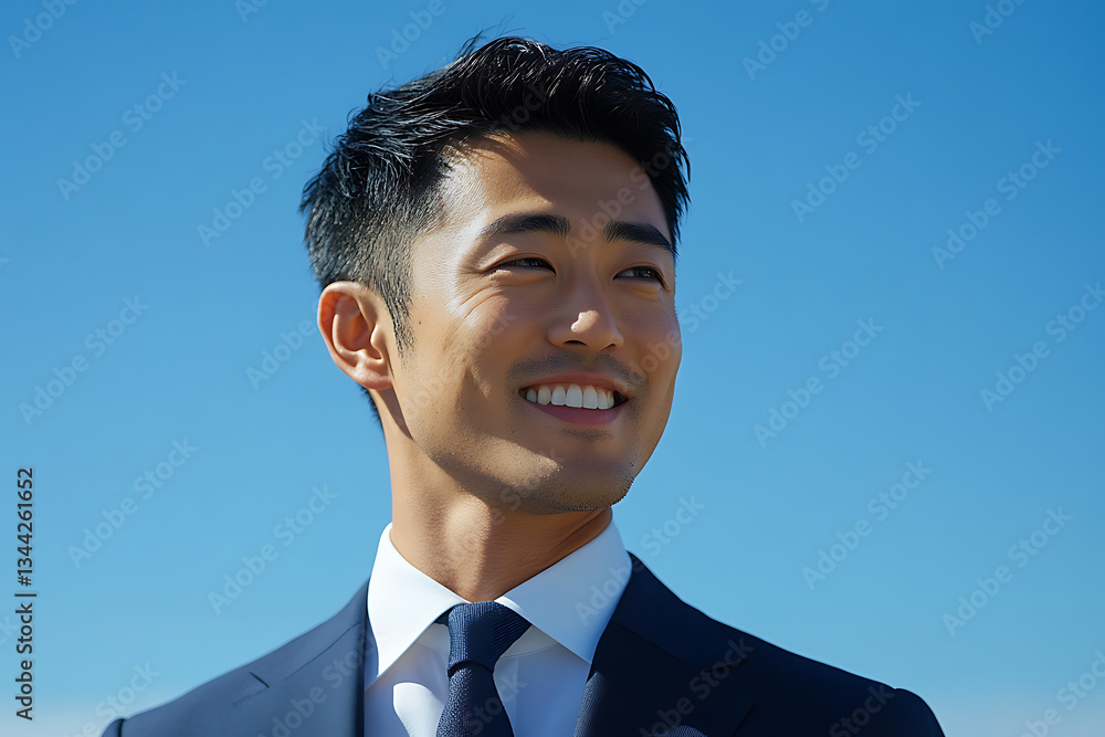 young man in suit smiles confidently against clear blue sky, exuding professionalism and positivity. His well groomed appearance and bright expression convey sense of success and optimism young man in suit smiles confidently against clear blue sky, exuding professionalism and positivity. His well groomed appearance and bright expression convey sense of success and optimism