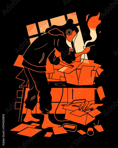 Messy Workspace Silhouette: A silhouetted figure rummages through boxes in a cluttered workspace, evoking the hustle and chaos of creative endeavors.