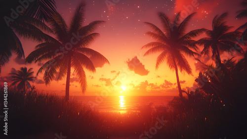 Romantic Tropical Sunset with Palm Trees and Ocean View