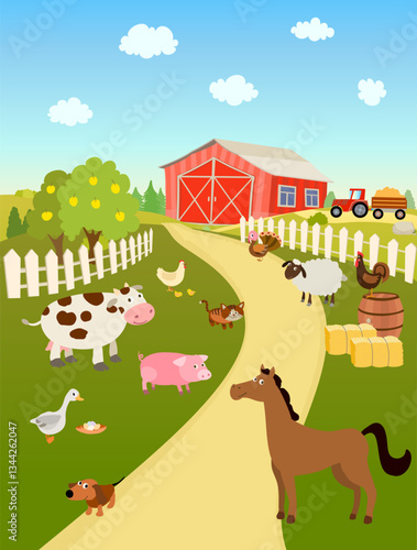 Farm scene with red barn, white fence, cow, horse, chicken, sheep, pigs, and ducks, red tractor pulling a hay trailer