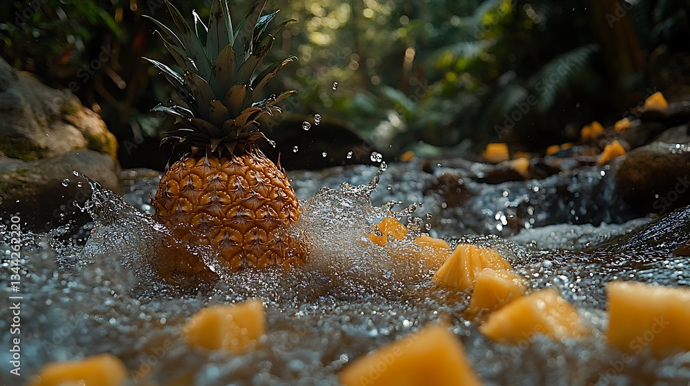 Ripe pineapple splashing in a jungle stream. Ripe pineapple splashing in a jungle stream.